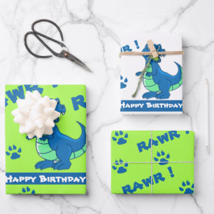 Feuille De Papier Cadeau Cadeau Vert Bleu Dinosaure Paw Rawr