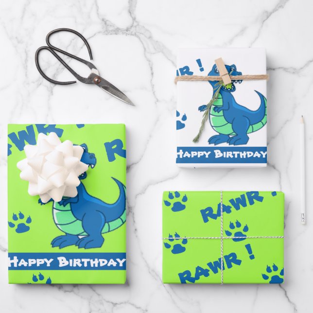 Feuille De Papier Cadeau Cadeau Vert Bleu Dinosaure Paw Rawr (Recto)