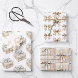 Feuille De Papier Cadeau Cadeaux de Noël Rubans Étincelants Argent Crème Bl