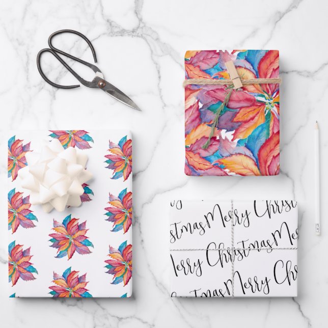Feuille De Papier Cadeau Cadeaux de Noël uniques Aquarelle Poinsettia (Recto)