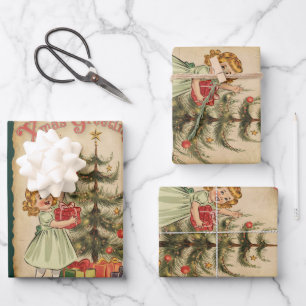 Feuille De Papier Cadeau Cadeaux de petits filles d'arbre de pin vintage fl
