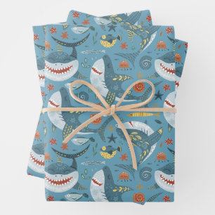 Feuille De Papier Cadeau Cadeaux de requin tendance Anniversaire Vert Bleu 