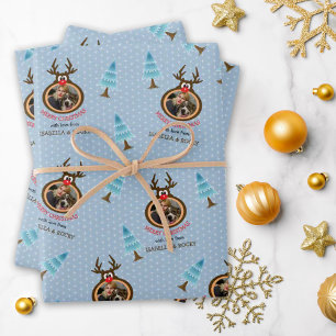 Feuille De Papier Cadeau Cadre photo personnalisé Cute Reindeer Bleu