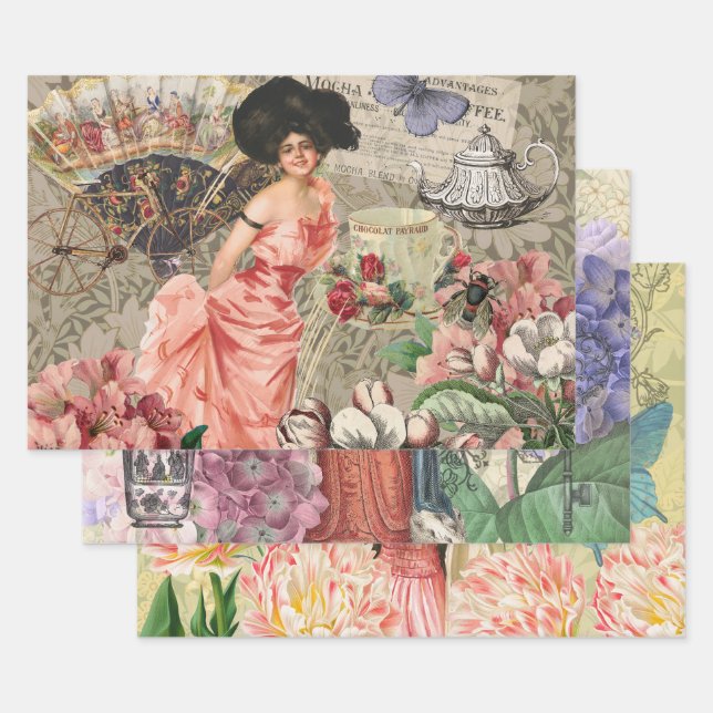 Feuille De Papier Cadeau Café Lady Victorian Femme Rose Classy (Lot)