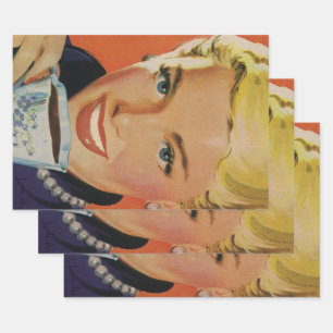 Feuille De Papier Cadeau Café Vintage, Femme Heureuse avec Tasse de Café Ré