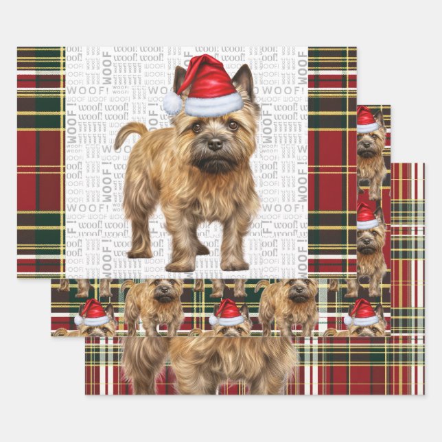 Feuille De Papier Cadeau Cairn Terrier Chien de Noël Rouge Vert Plaid (Lot)