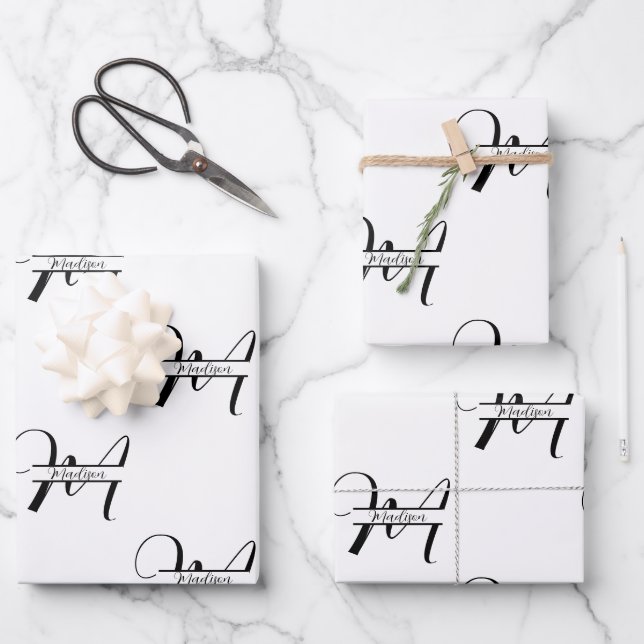 Feuille De Papier Cadeau Calligraphie de script Noir & Blanc Nom Monogramme (Recto)