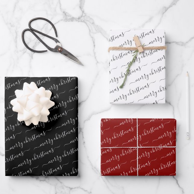 Feuille De Papier Cadeau Calligraphie moderne Black White Maroon Noël (Recto)