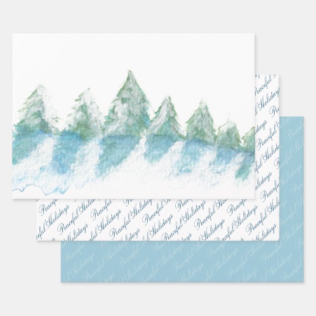 Feuille De Papier Cadeau Calme Forêt d'hiver paisible Script d'aquarelle (Lot)