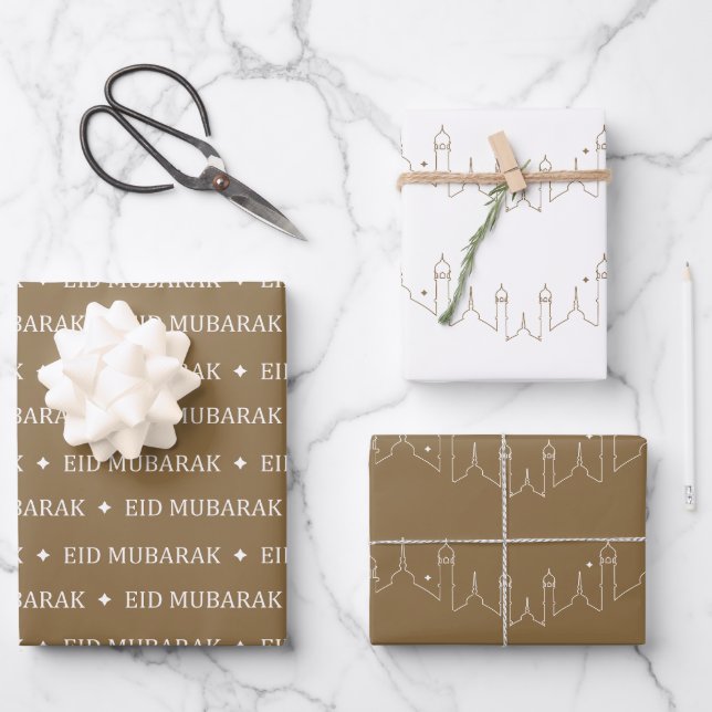 Feuille De Papier Cadeau Camel Brown Aïd Moubarak Masjid Design Motif (Recto)