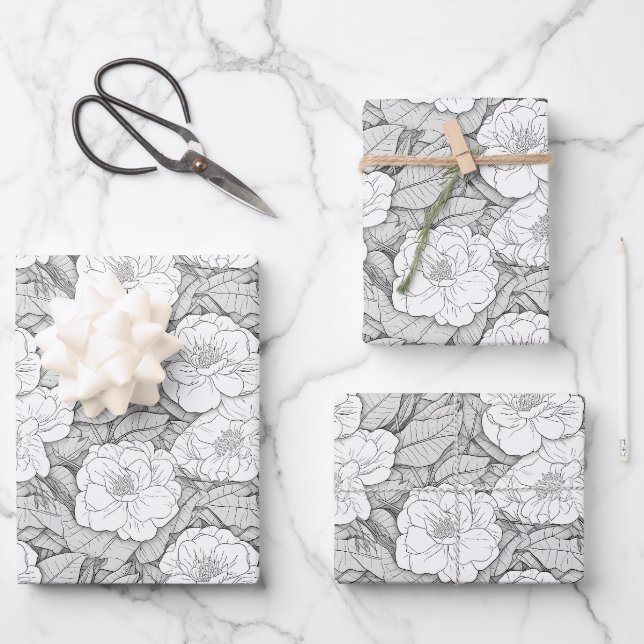 Feuille De Papier Cadeau Camellia en noir et blanc (Recto)