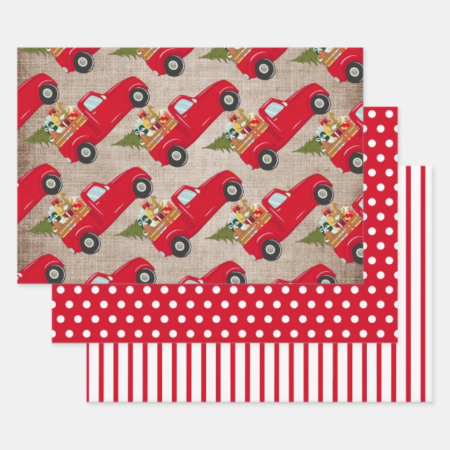 Feuille De Papier Cadeau Camion Arbre de Noël Rouge Burlap Pois Stripes (Lot)