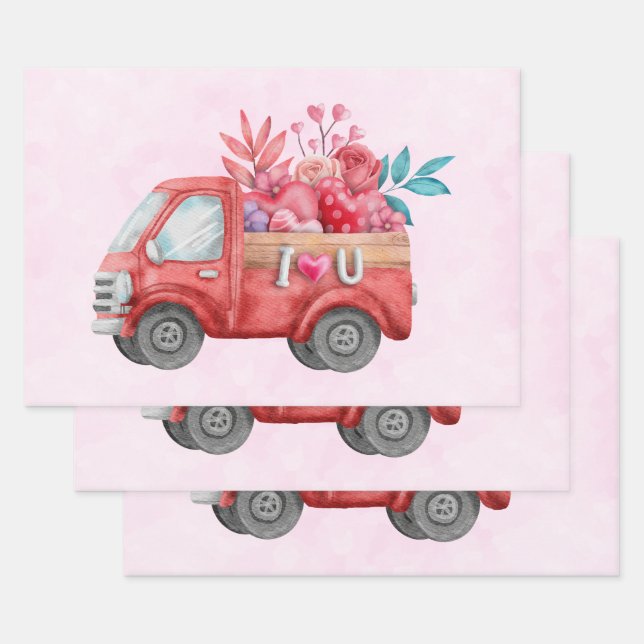 Feuille De Papier Cadeau Camion d'amour mignon avec Coeur Cargo Aquarelle (Lot)