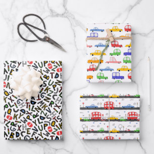 Feuille De Papier Cadeau Camion de Construction Et Motif Alphabet 