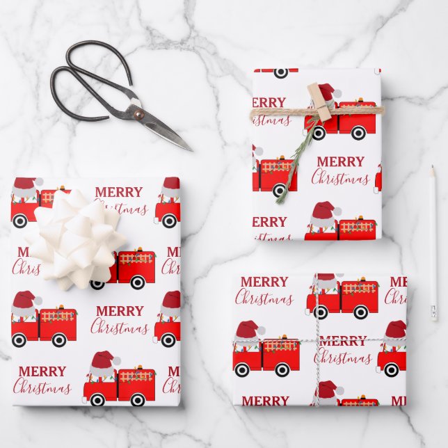 Feuille De Papier Cadeau Camion de feu rouge de Noël (Recto)