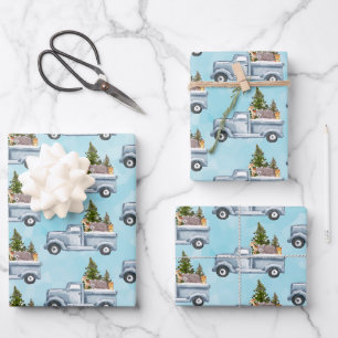 Feuille De Papier Cadeau Camion de Noël avec pins et animaux de forêt