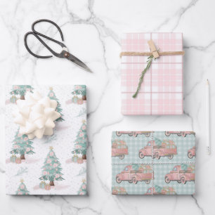 Feuille De Papier Cadeau Camion d'hiver Arbre rose Plaid Pastel Noël