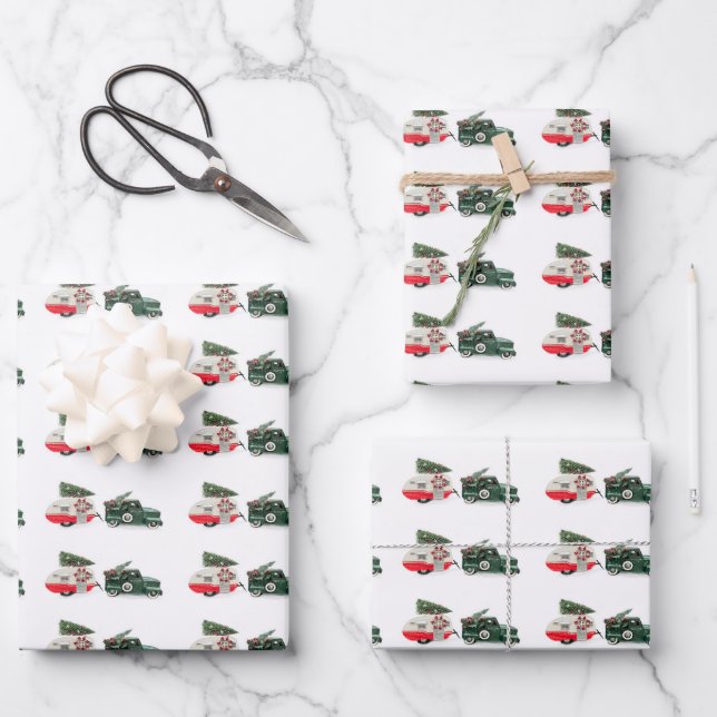 Feuille De Papier Cadeau camion festif et camper Noël rouge et vert (Recto)