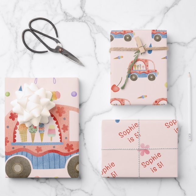 Feuille De Papier Cadeau Camion glace Scoops of fun anniversaire de enfant (Recto)