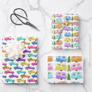 Feuille De Papier Cadeau Camions de Noël Xmas Trees Remorques Campeurs