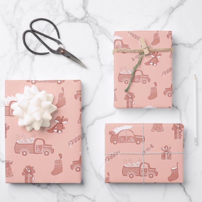Feuille De Papier Cadeau Camions Motif  Rose clair rose Noël (Recto)