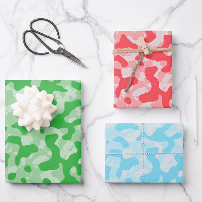Feuille De Papier Cadeau Camo rouge vert et bleu (Recto)