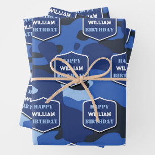 Feuille De Papier Cadeau Camouflage Bleu Camo Armée Monogramme Anniversaire