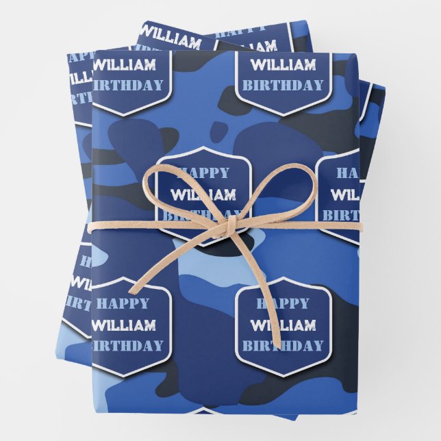Feuille De Papier Cadeau Camouflage Bleu Camo Armée Monogramme Anniversaire (En situation)