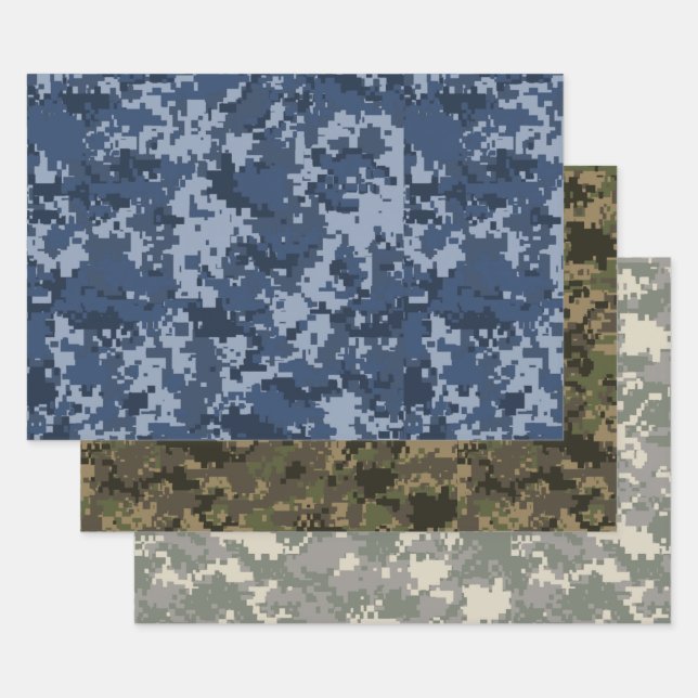 Feuille De Papier Cadeau Camouflage en pixels bleu, vert et beige (Lot)