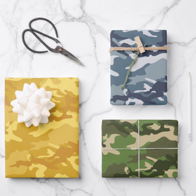 Feuille De Papier Cadeau Camouflage jaune, bleu et vert laiton (Recto)