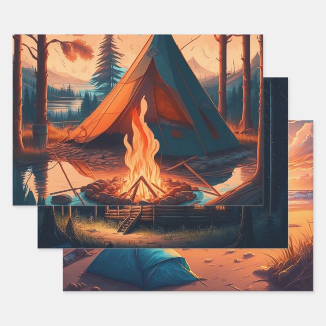 Feuille De Papier Cadeau Camping Anniversaire à thème (Lot)