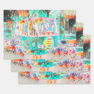 Feuille De Papier Cadeau Camping Retro Hippie Green Groove Et Vibe Pop Art