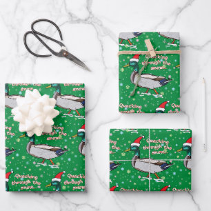 Feuille De Papier Cadeau Canard de Majard à Santa Hat Quitter par la neige
