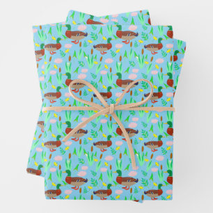 Feuille De Papier Cadeau Canards colverts dans un Motif de marais