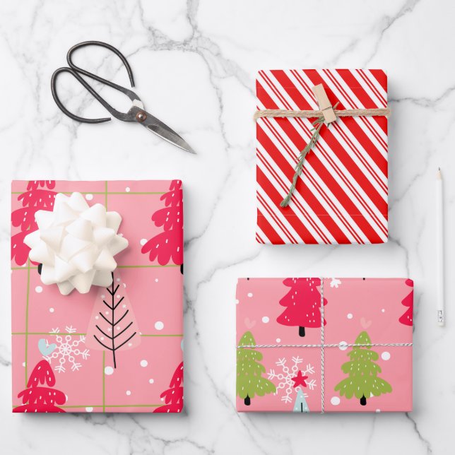 Feuille De Papier Cadeau Candy Cane Christmas Pink Tree Doodle (Recto)