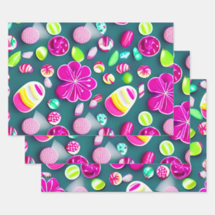 Feuille De Papier Cadeau Candy Sweet rose vert rose blanc multiples bonbons