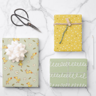Feuille De Papier Cadeau Canetons mignons et drôles sur fond vert clair