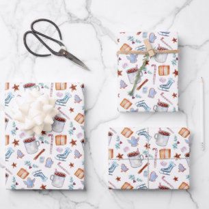 Feuille De Papier Cadeau Canneberges de Noël Saison d'hiver Patins à glace