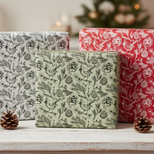 Feuille De Papier Cadeau Cardinal, Pinecones, Aiguilles de pin et Berries d (Festive Xmas Cardinal Wrapping Paper for Christmas. Elegant Cardinal Winter Bird on a Pine Branch)