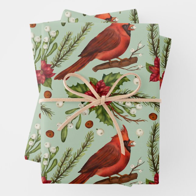 Feuille De Papier Cadeau Cardinal rouge de Noël, Poinsettia, Berries (En situation)