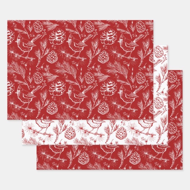 Feuille De Papier Cadeau Cardinal rouge et blanc, Pinecones et Berries d'hi (Lot)