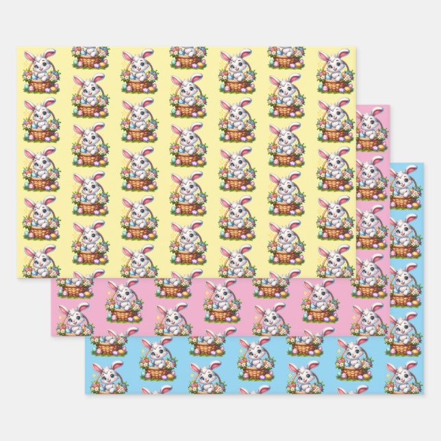 Feuille De Papier Cadeau Caricature mignonne Lapin de Pâques dans un panier (Lot)