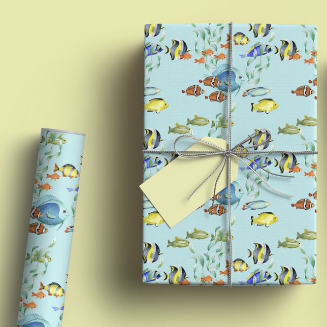 Feuille De Papier Cadeau Caricatures de poissons tropicaux mignons, Aquarel (Créateur téléchargé)