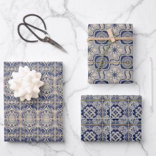 Feuille De Papier Cadeau Carreau portugais bleu blanc floral vintage