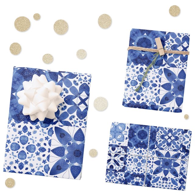 Feuille De Papier Cadeau Carreaux Bleus Bleu Méditerranéen Motif Aquarelle (Mediterranean tile pattern blue and white geometric watercolor gift wrap paper sheets)