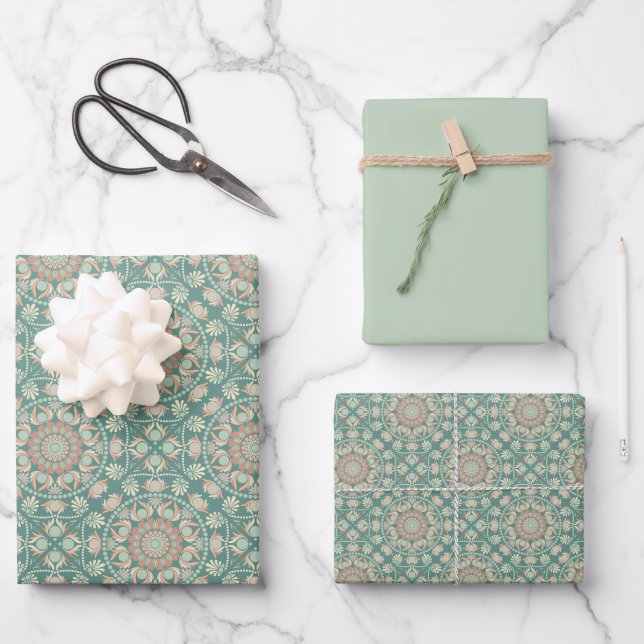 Feuille De Papier Cadeau Carreaux de diamant Mandala de Sage & Sable Rétro (Recto)