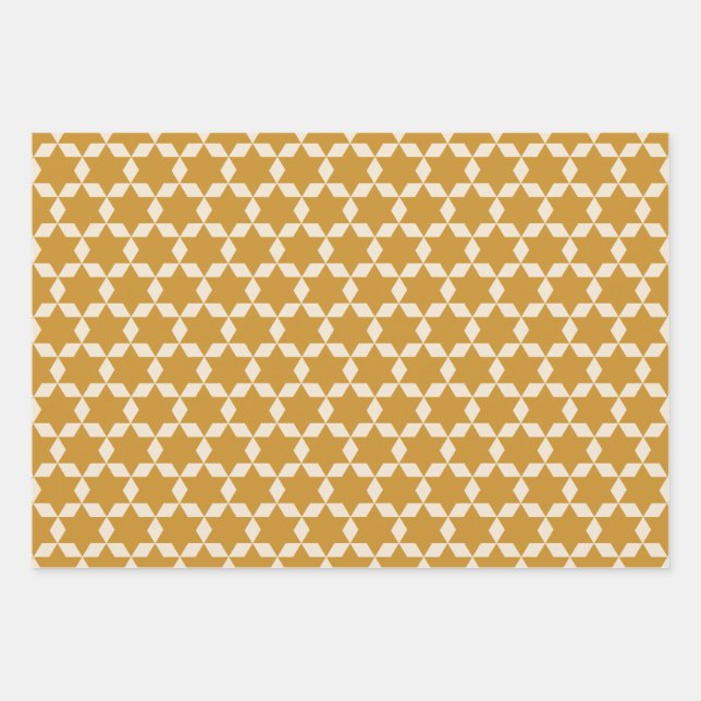 Feuille De Papier Cadeau Carreaux d'étoiles Motif en moutarde foncée et crè (Devant)