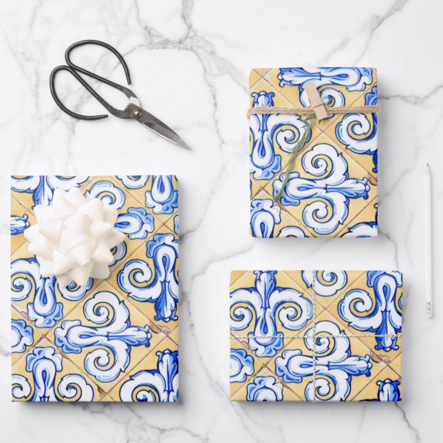 Feuille De Papier Cadeau Carreaux espagnols - Azulejo Bleu, Jaune et Blanc (Recto)