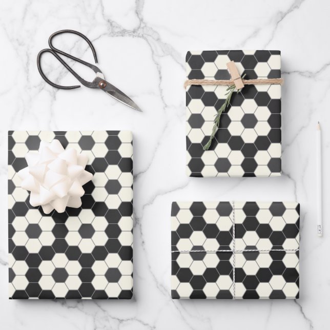 Feuille De Papier Cadeau Carreaux hexagones géométriques noirs et blancs ré (Recto)
