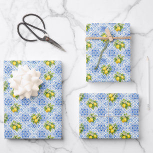 Feuille De Papier Cadeau Carreaux Méditerranéens Italiens Jaunes Bleus Citr